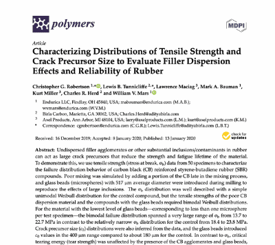 Characterizing Distributions of Tensile Strength and Crack Precursor Size to Evaluate Filler Dispersion Effects and Reliability of Rubber