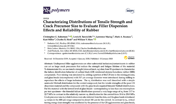 Characterizing Distributions of Tensile Strength and Crack Precursor Size to Evaluate Filler Dispersion Effects and Reliability of Rubber
